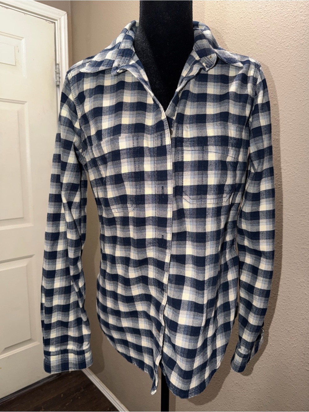 Women’s Navy and White Plaid Button-Down Shirt